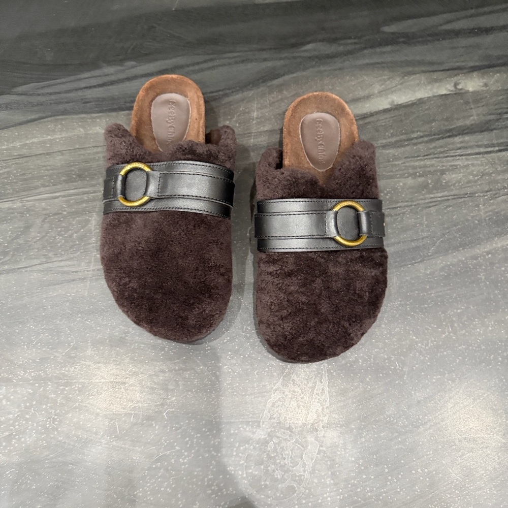SEE BY CHLOE NEW NEVER WORN Suede Shearling Slide Mules with Leather Strap